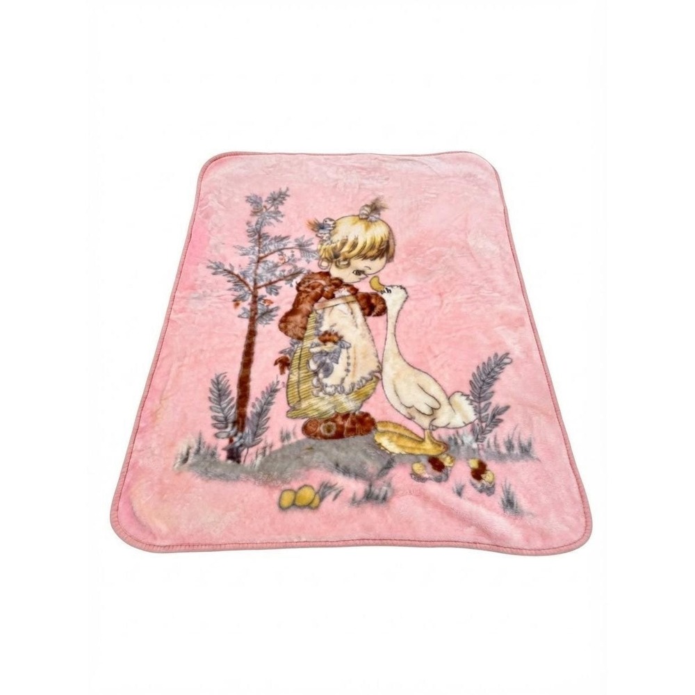 VTG Korean Minky Mink Precious Moments Girl Goose Duck Pink Baby Blanket 42"x54"